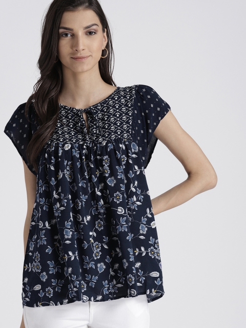 

GAP Women Short Sleeve Tie Neck Blouse, Navy blue