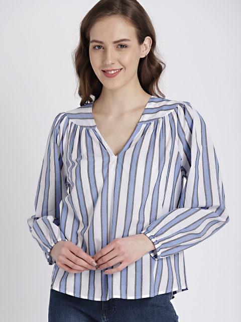 

GAP Women Blue & White Striped Pure Cotton Top