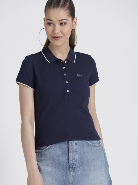 

GAP Women Blue Solid Polo Collar T-shirt