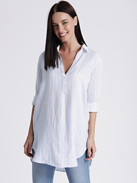 

Gap Women's Blue & White Striped Linen Long Sleeve Popover Tunic