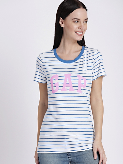 

GAP Women Blue & White Striped Logo Act T-Shirt