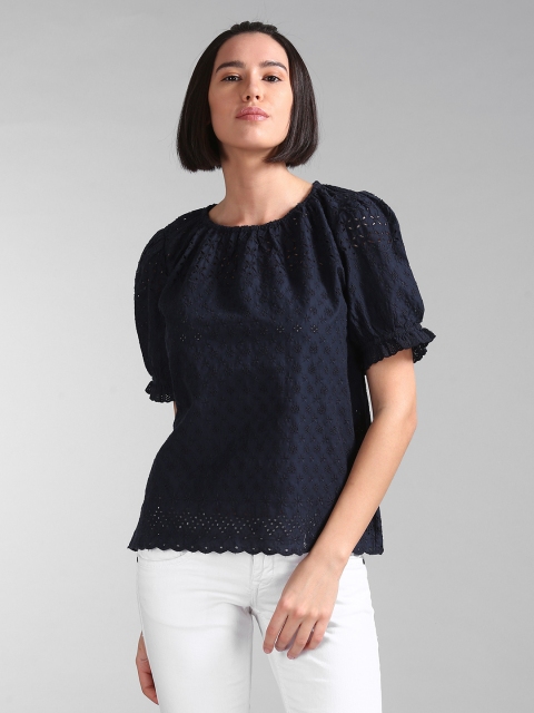 

GAP Women Navy Blue Self Design Pure Cotton Top
