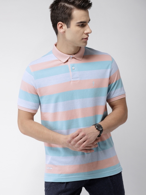 

Indian Terrain Men Peach-coloured & Blue Striped Polo Collar T-shirt