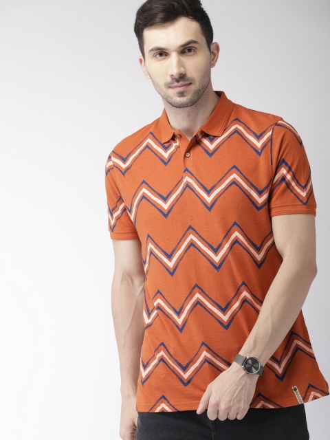 

Indian Terrain Men Rust Orange & Blue Printed Polo Collar T-shirt