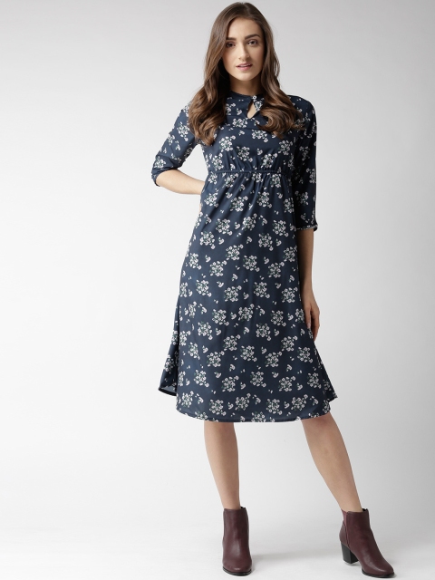 

Hubberholme Women Navy Blue & White Printed Empire Dress