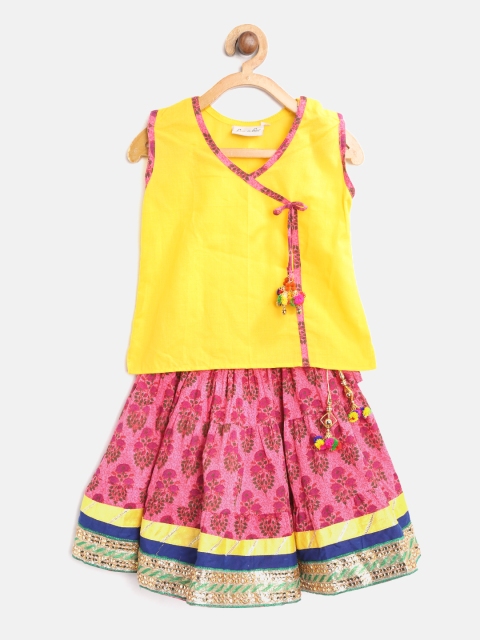 

BownBee Girls Pink & Yellow Ready to Wear Lehenga with Blouse