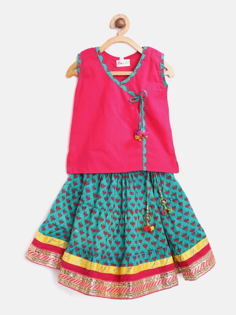 

BownBee Girls Green & Pink Ready to Wear Lehenga with Blouse