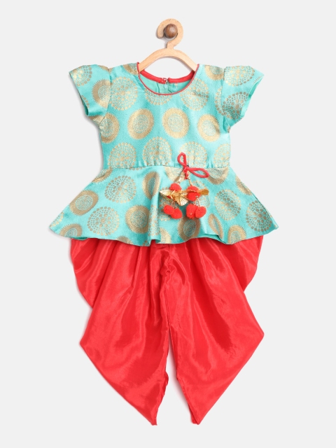 

BownBee Girls Green & Red Embroidered Kurti with Dhoti Pants
