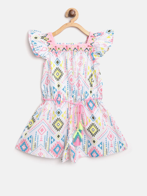 

Nauti Nati Girls White & Blue Printed Playsuit