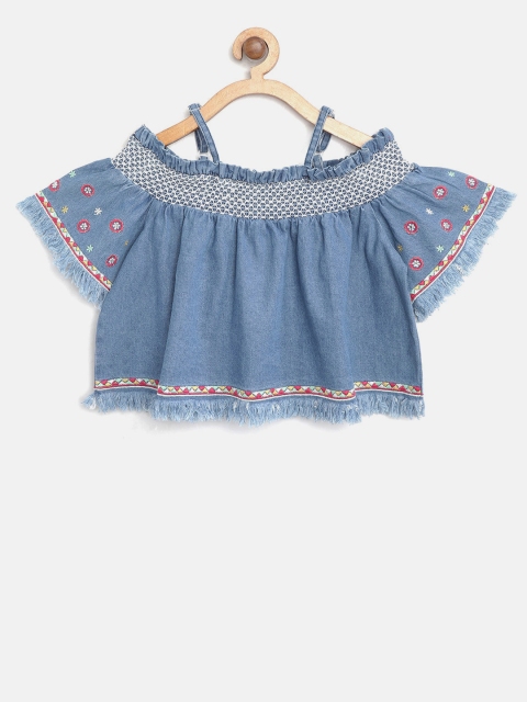 

Nauti Nati Girls Blue Solid Denim Bardot Pure Cotton Top with Embroidered & Fringed Detail