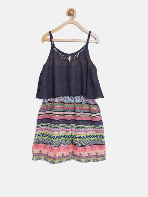 

Nauti Nati Girls Navy Blue & Pink Printed Layered Playsuit