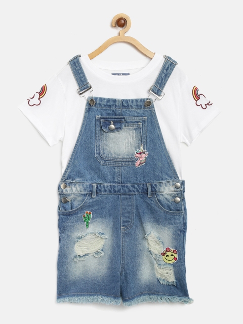 

Nauti Nati Girls White & Blue Solid T-shirt with Distressed Denim Dungarees