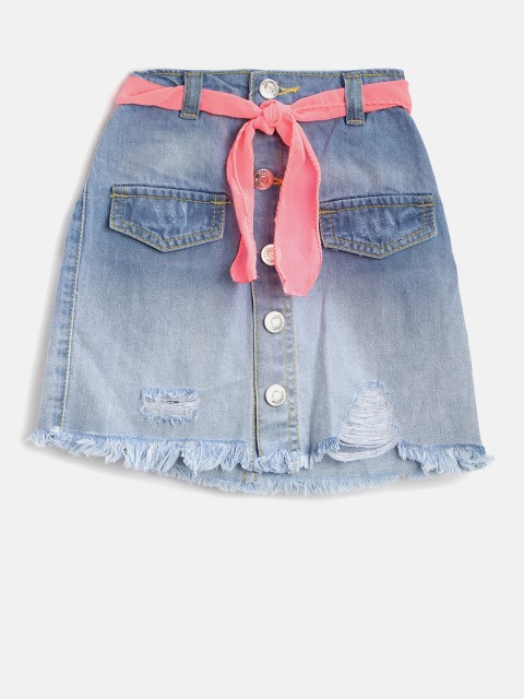 

Nauti Nati Girls Blue Washed Denim Pure Cotton Skirt with Belt