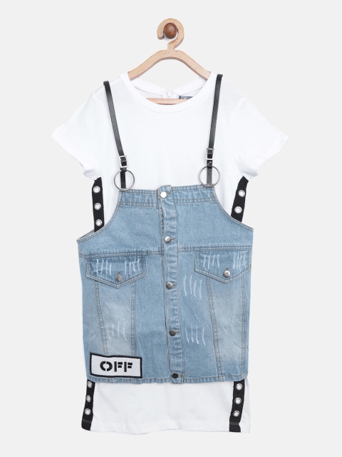

Nauti Nati Girls White Solid T-shirt Dress with Denim Jacket