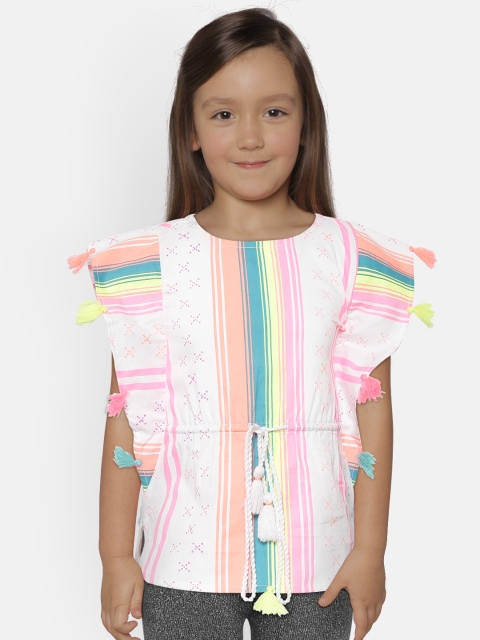 

Nauti Nati Girls Multicoloured Striped Kaftan Pure Cotton Top, White