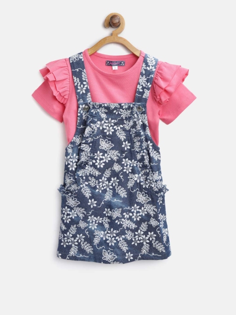 

Nauti Nati Girls Navy Blue & White Printed Denim Pinafore Dress