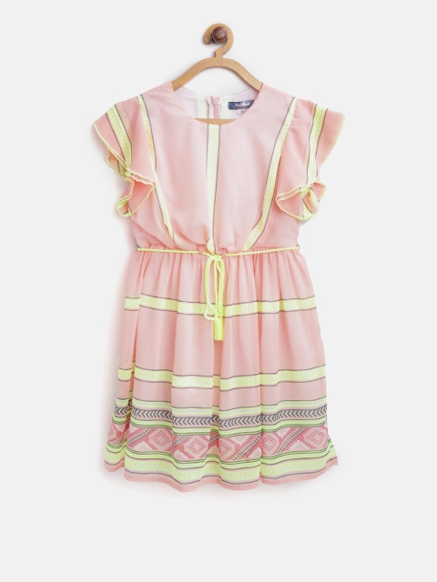

Nauti Nati Girls Peach-Coloured & Fluorescent Green Striped Fit & Flare Dress