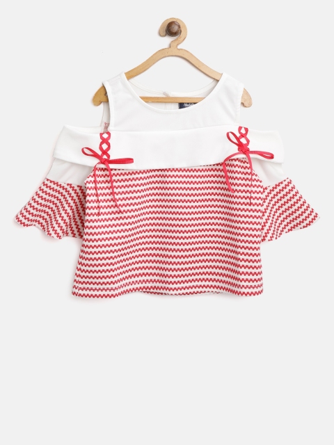 

Nauti Nati Girls White & Red Woven Design Cold-Shoulder A-Line Top