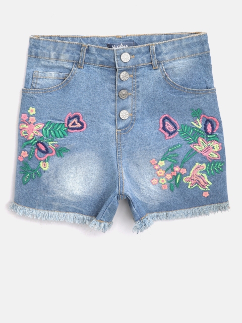 

Nauti Nati Girls Blue Washed Regular Fit Denim Shorts with Embroidered Detail