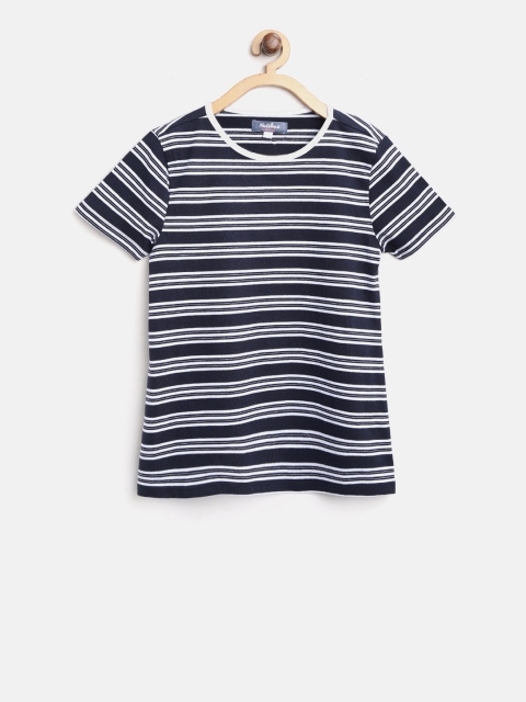 

Nauti Nati Girls Navy & White Striped Round Neck T-shirt, Navy blue