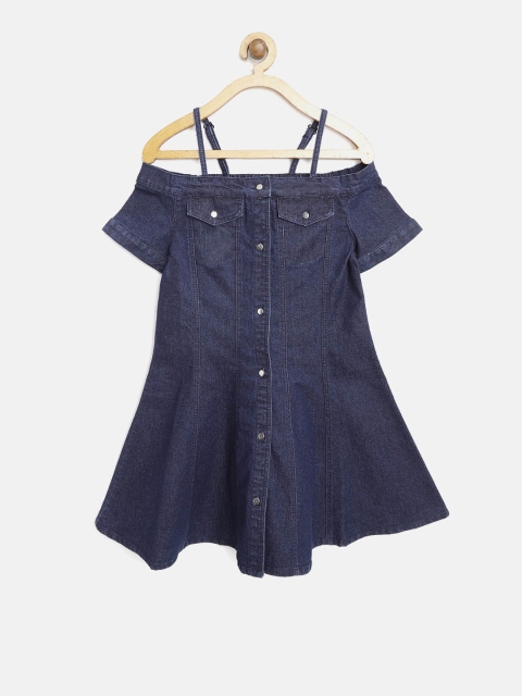 

Nauti Nati Girls Navy Blue Solid Denim Off-Shoulder A-Line Dress