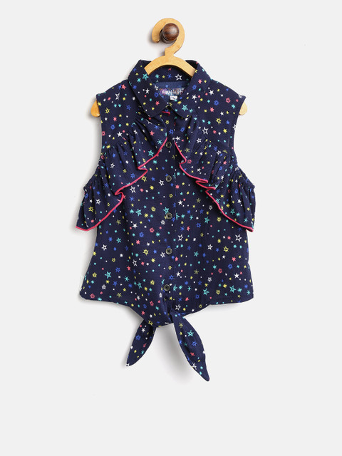 

Nauti Nati Girls Navy & Pink Printed Cold-Shoulder Casual Shirt, Navy blue