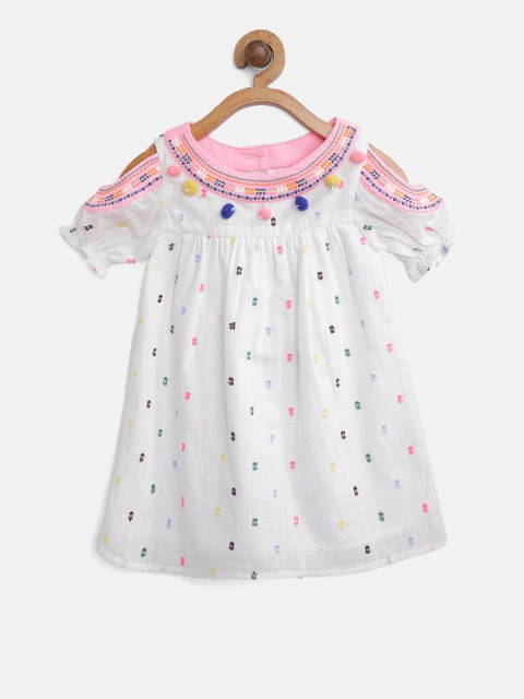

Nauti Nati Girls White & Pink Self Design A-Line Dress