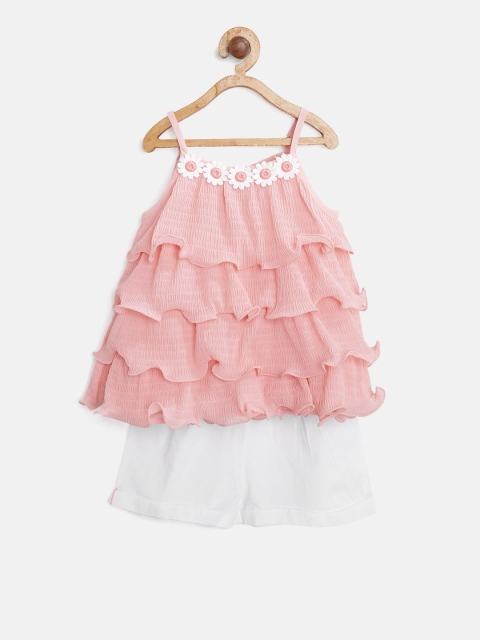 

Nauti Nati Girls Peach-Coloured & White Solid Top with Shorts