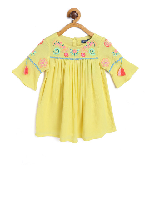 

Nauti Nati Girls Yellow Embroidered A-Line Dress