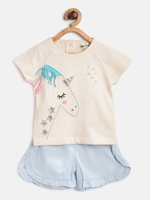 

Nauti Nati Girls Beige & Blue Printed T-shirt with Shorts