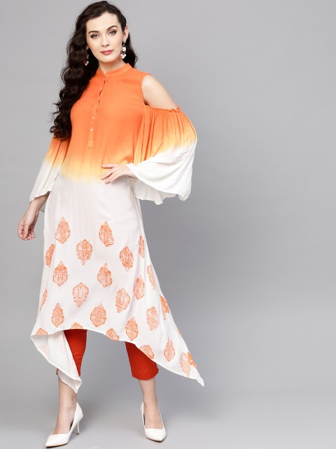 

Pannkh Women White & Orange Dyed Asymmetric A-Line Kurta