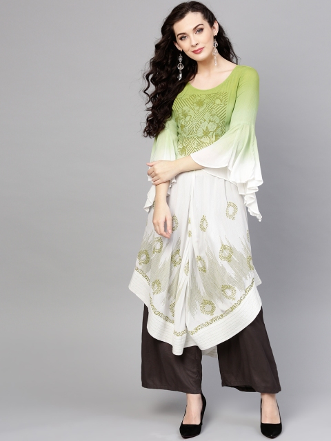 

Pannkh Women White & Green Dyed Block Print A-Line Kurta