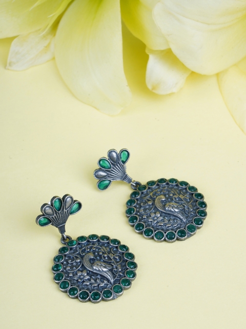 

FIROZA Silver-Toned & Green Oxidised Circular Drop Earrings