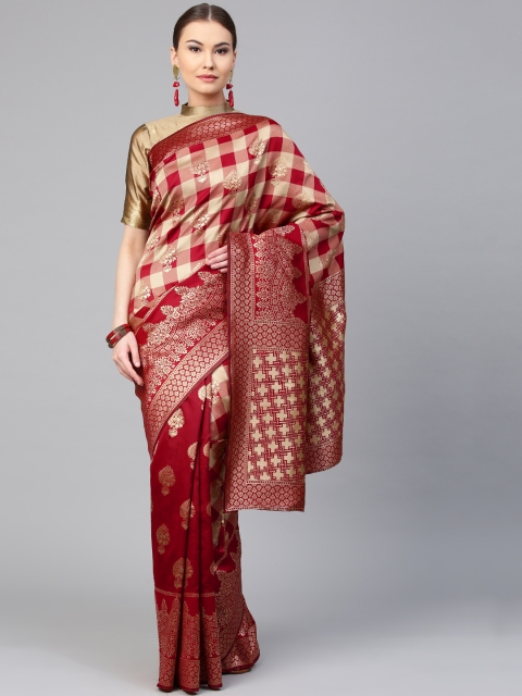 

Inddus Maroon & Golden Checked Woven Design Banarasi Saree