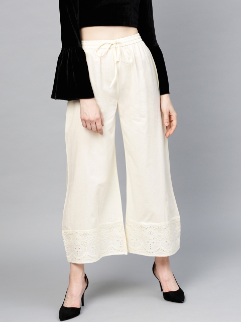 

Yufta Women Off-White Hem Design Wide Leg Palazzos
