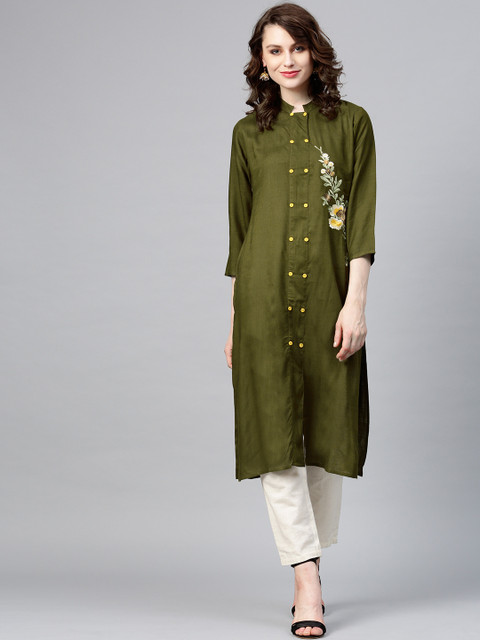 

Yufta Women Olive Green Solid Straight Kurta with Embroidered Detail