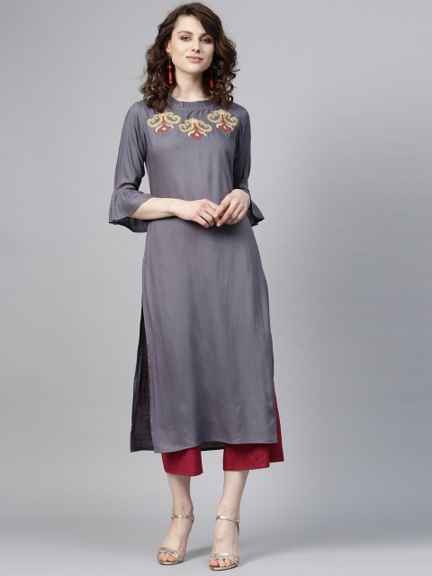 

Yufta Women Grey Solid Straight Kurta