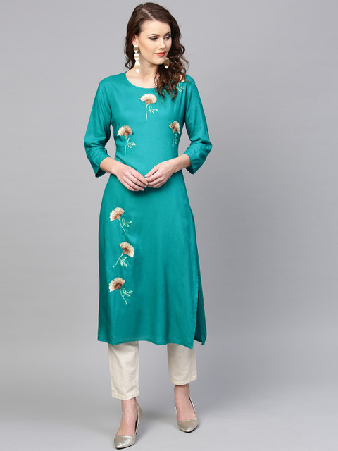 

Yufta Women Turquoise Blue Floral Embroidered Straight Kurta