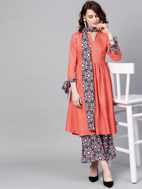 

Yufta Women Peach-Coloured & Blue Solid Kurta with Palazzos