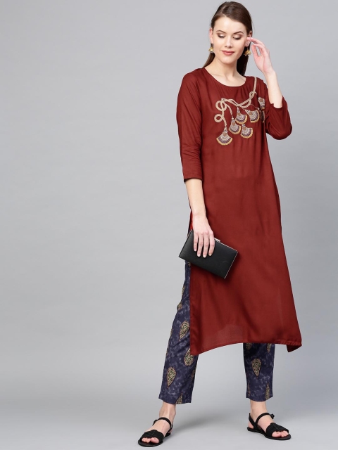 

Yufta Women Maroon & Navy Yoke Design Kurta with Trousers