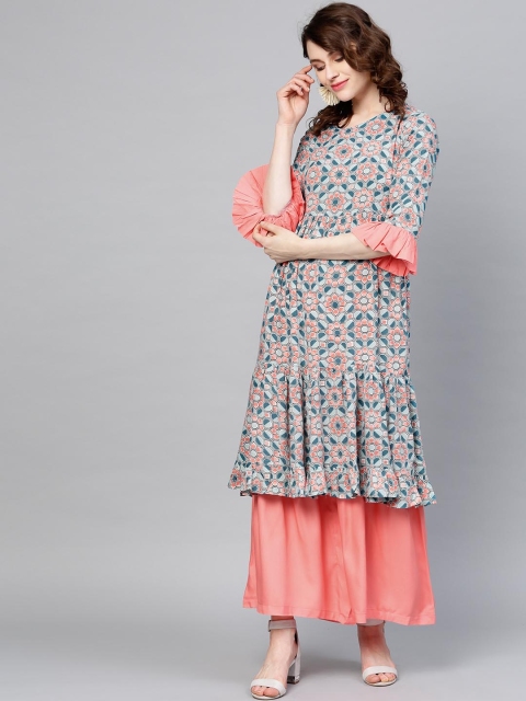 

Yufta Women Blue & Peach-Coloured Printed Kurta with Sharara