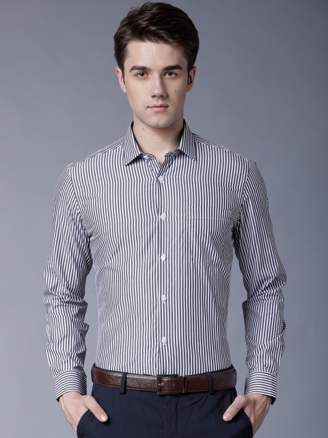 

Black coffee Men White & Grey Slim Fit Striped Formal Shirt