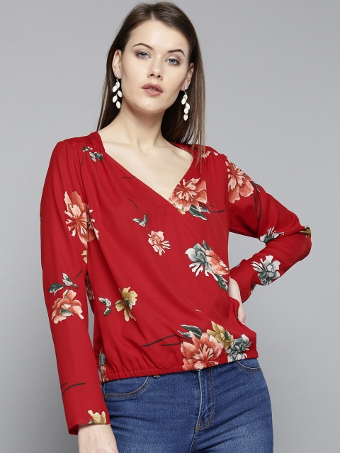 

Besiva Women Red Floral Print Wrap Top