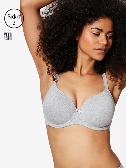 

Marks & Spencer Navy Blue & Grey Melange Solid Underwired Lightly Padded T-shirt Bra