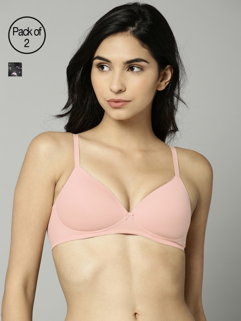 

Marks & Spencer Black & Peach-Coloured Printed Non-Wired Lightly Padded T-shirt Bra