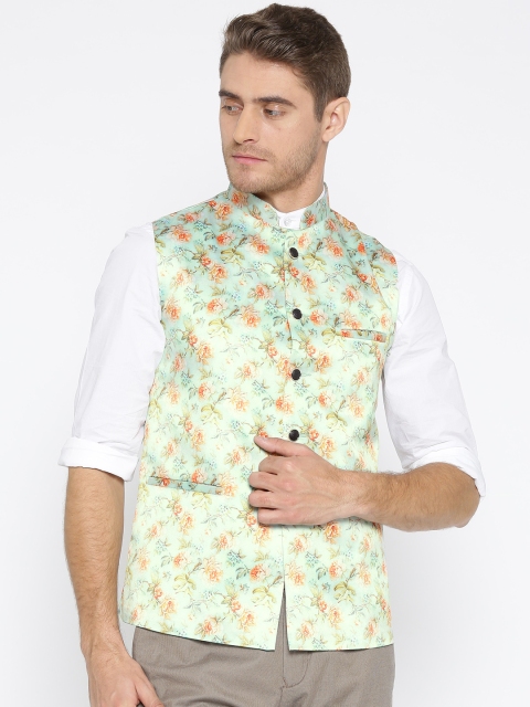 

Routeen Men Green & Peach-Coloured Printed Slim Fit Nehru Jacket