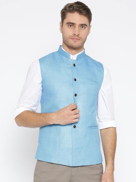 

Routeen Men Blue Solid Slim Fit Nehru Jacket