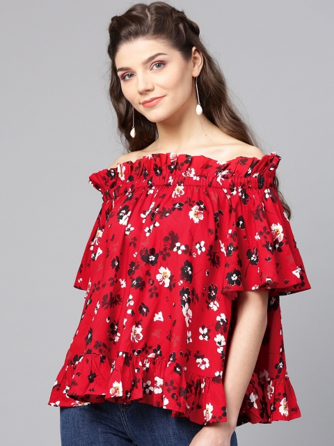 

Femella Women Red & Black Printed Bardot Top