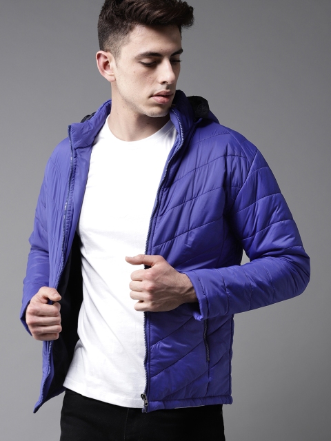 

Moda Rapido Men Blue Solid Padded Jacket with Detachable Hood