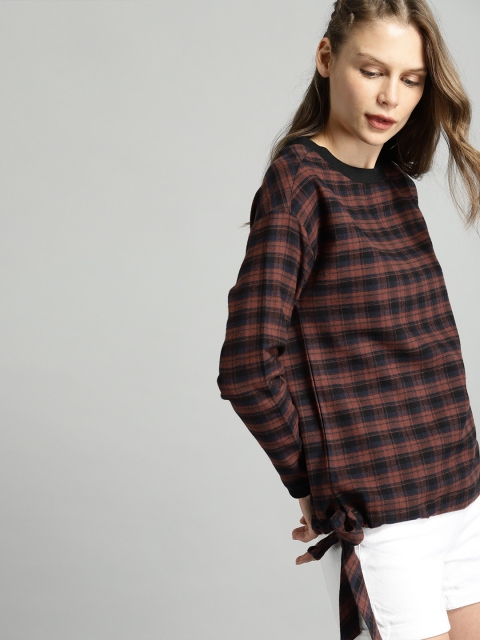 

Roadster Women Rust Brown & Navy Checked Pure Cotton Top
